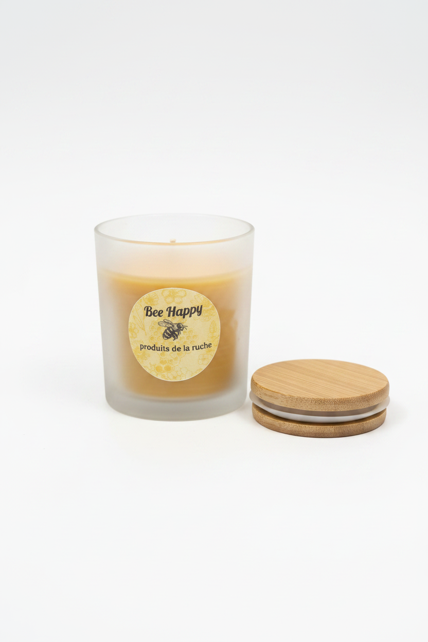 Bougie Bee Happy pot givré ouvert fond blanc