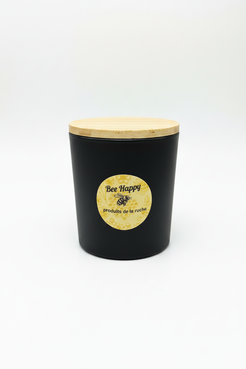 Bougie Bee Happy pot noir fond blanc