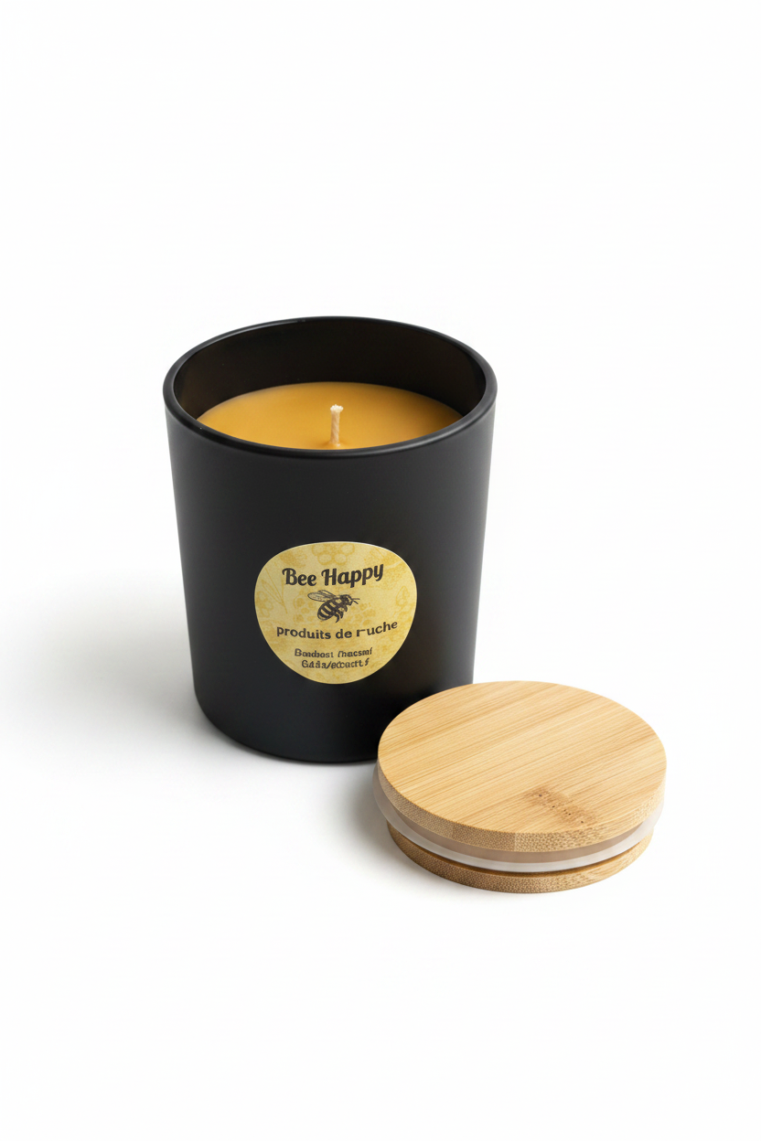 Bougie Bee Happy pot noir ouvert fond blanc
